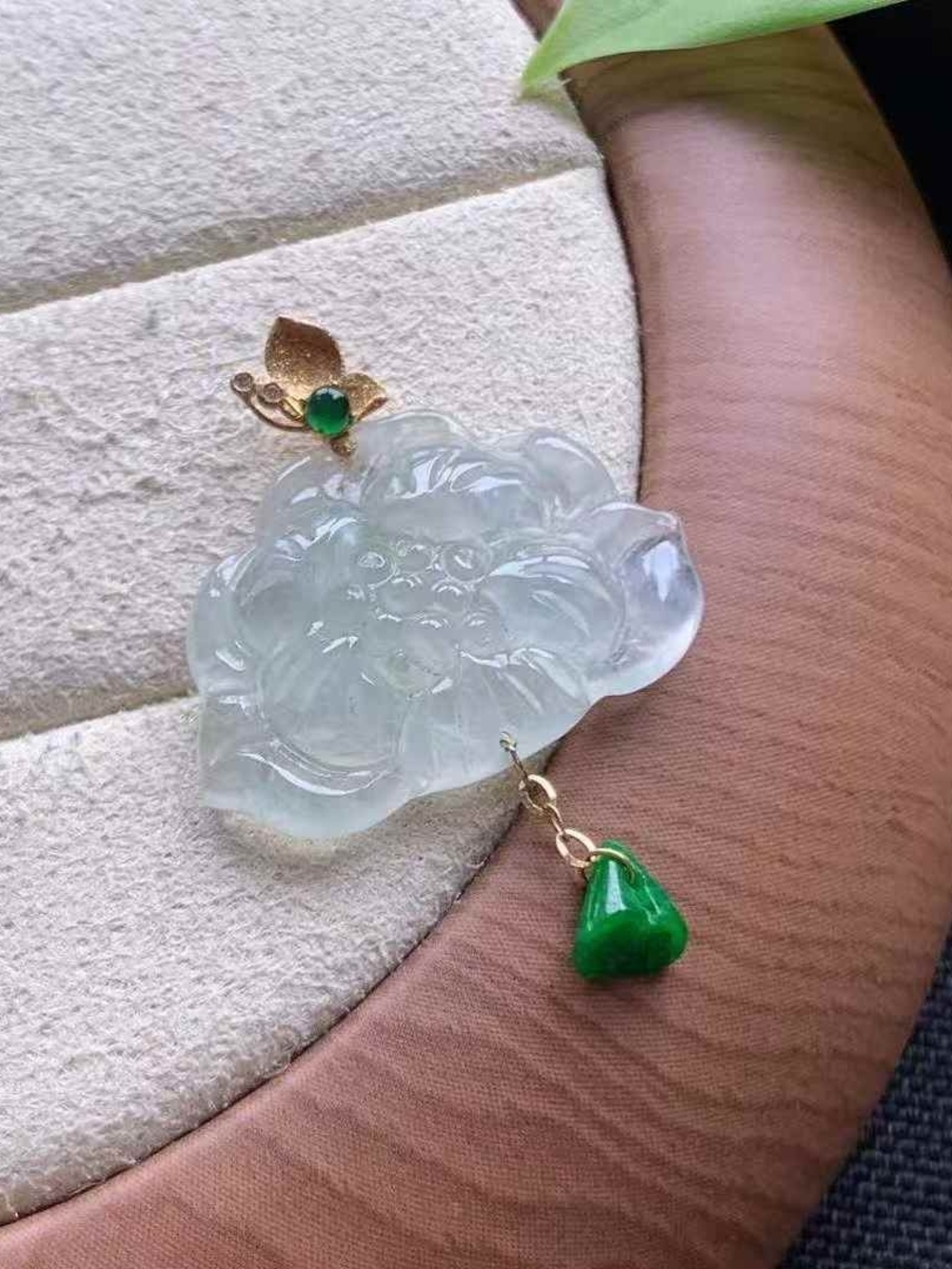 Cerified Tpye A Ice Lotus Green Jade Floral Carved Pendant with 18K Gold Bail